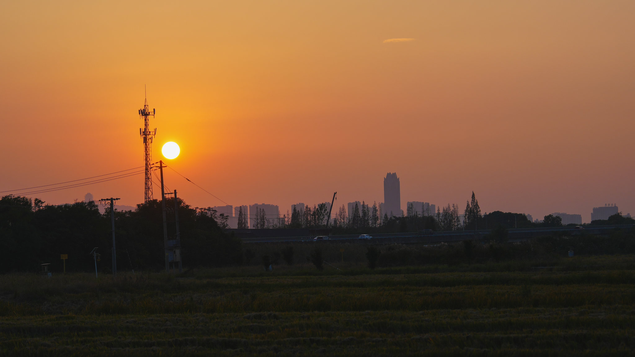 夕阳西下的农田顶天景观