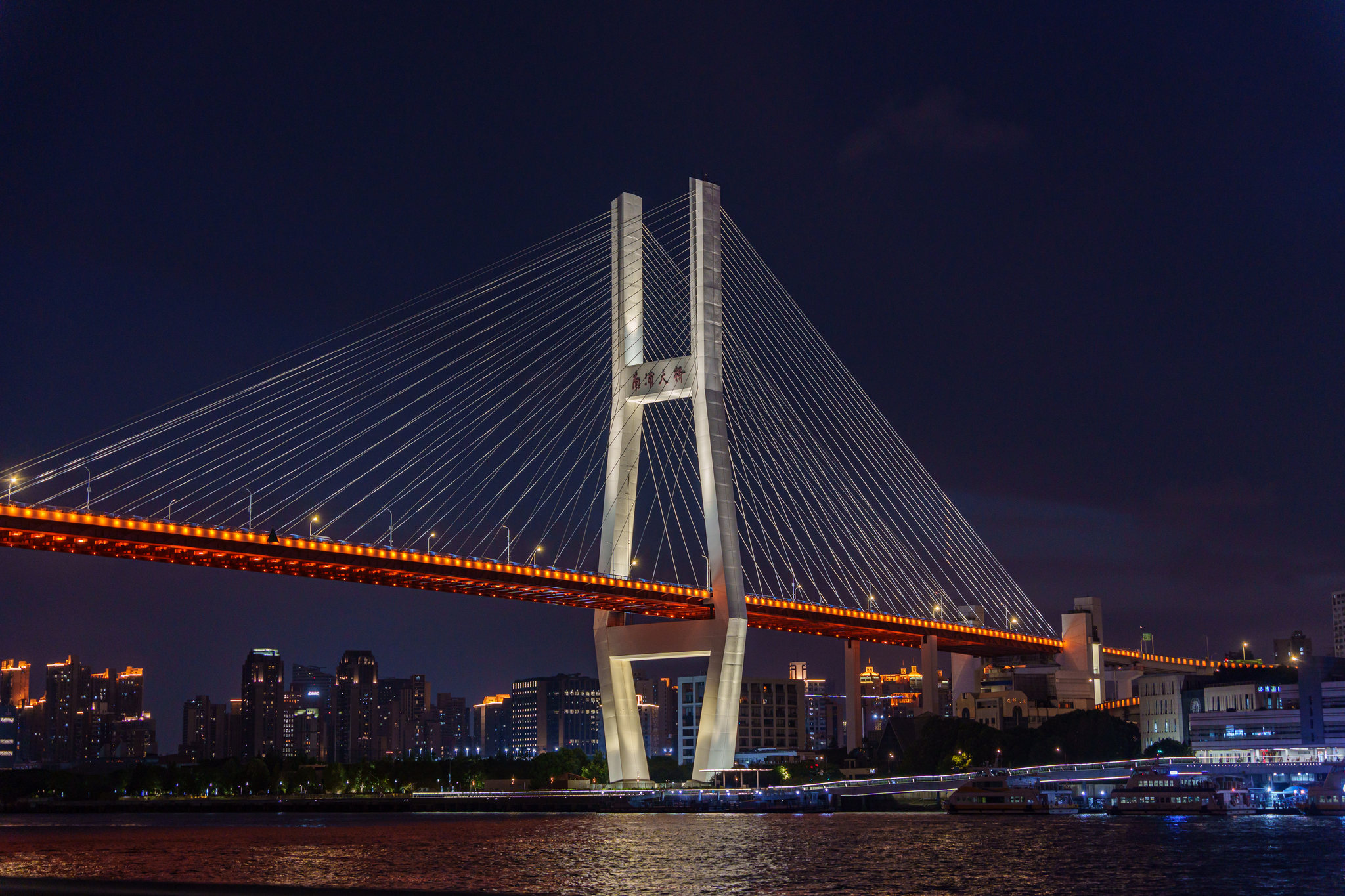 夜色下被彩灯渲染的上海南浦大桥