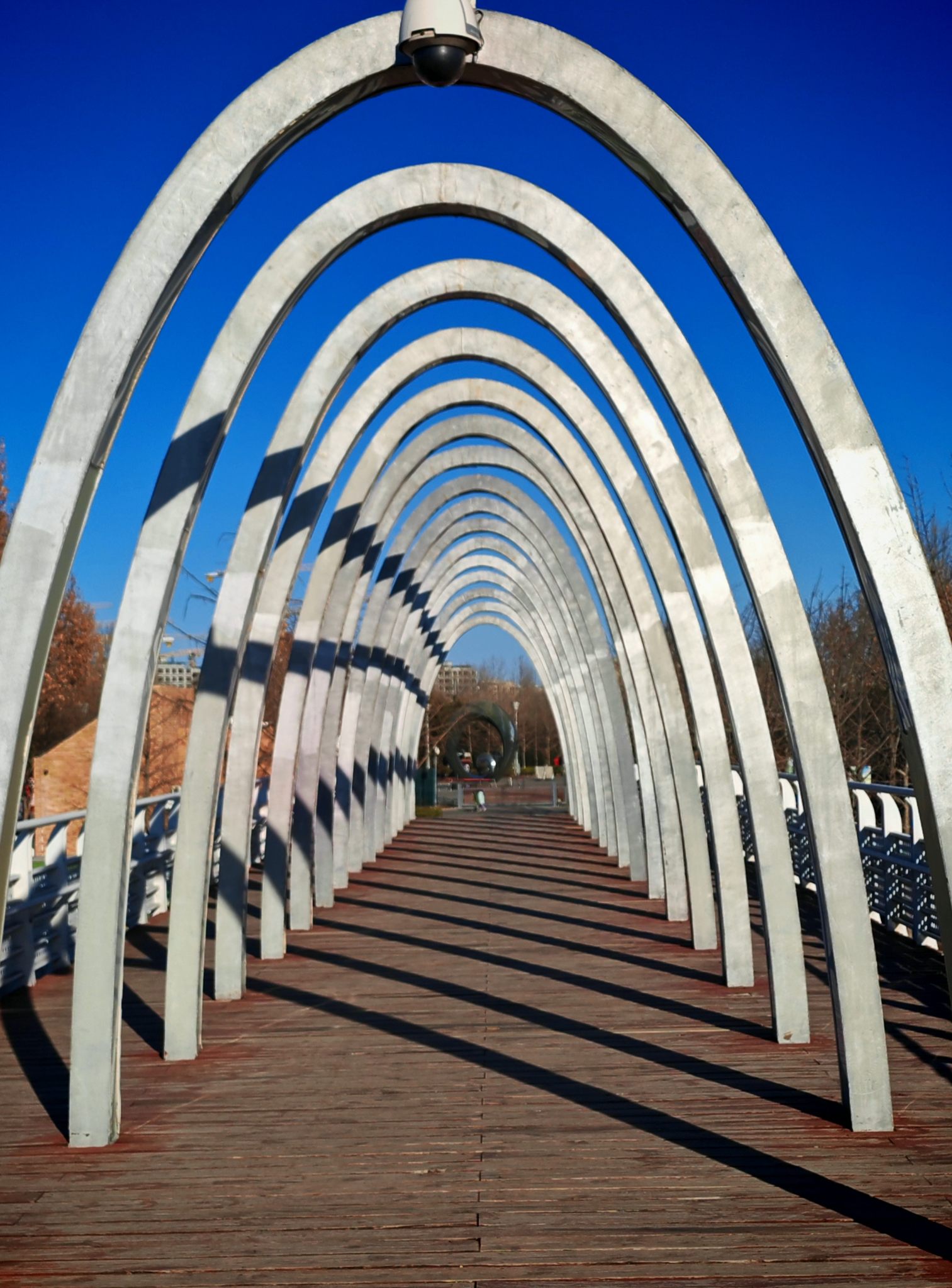 独特的景观拱形的条状材料组成了连续的长廊近大远小长长的视觉引导线